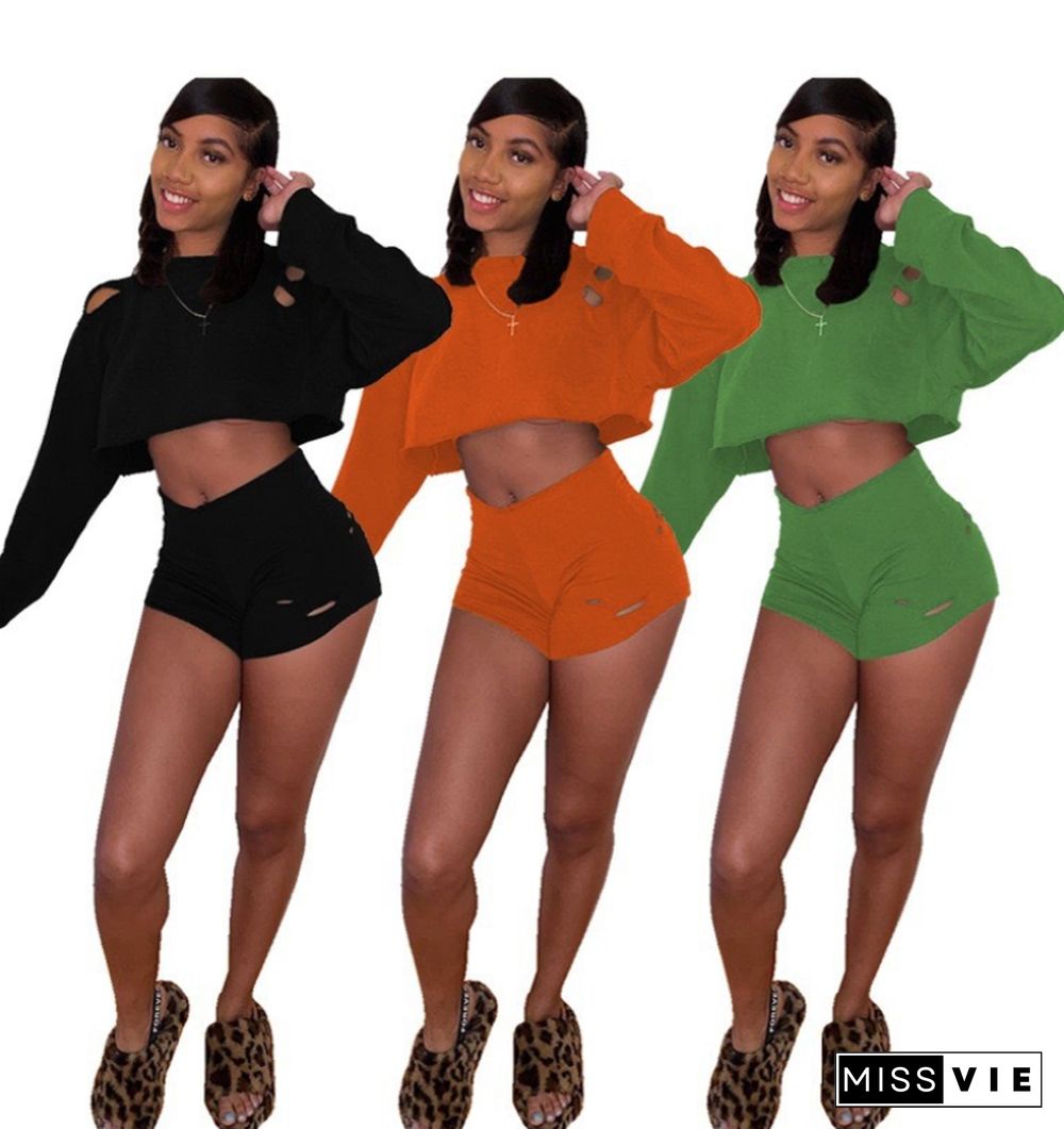 Women's Summer Solid Color Hole Long Sleeve Loose Crop Top High Waist Biker Shorts 2 Piece Set