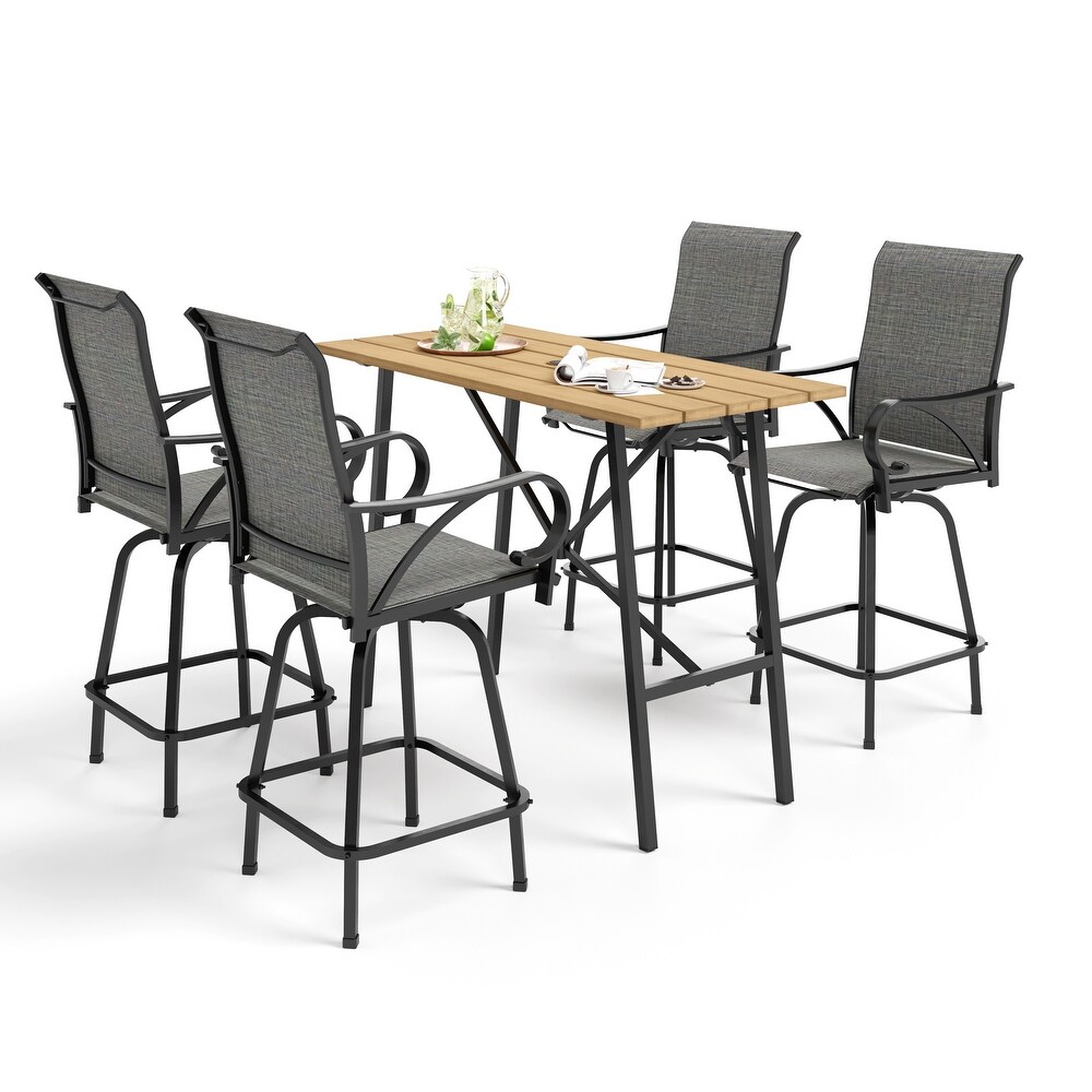 5 Piece Patio Bar Stool Set Wood grain Bar Table   Textilene Swivel Stools