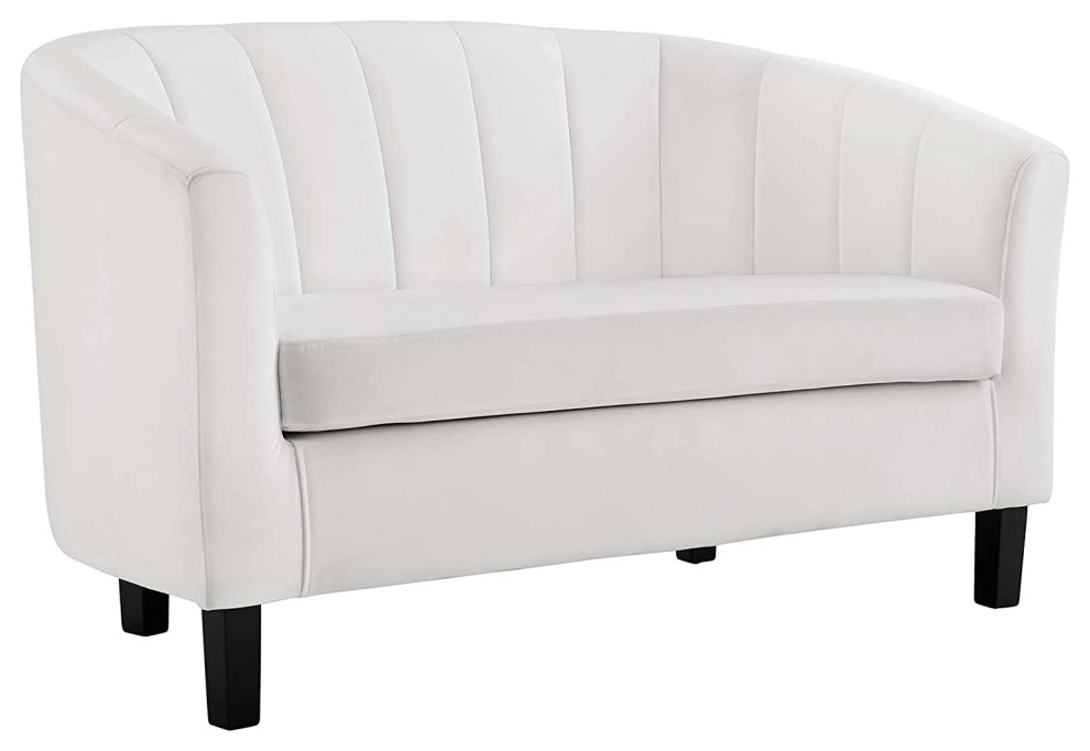 Contemporary Loveseat  Velvet Upholstery  ampCurved Channel Tufted Back  White   Traditional   Loveseats   by Decor Love  Houzz