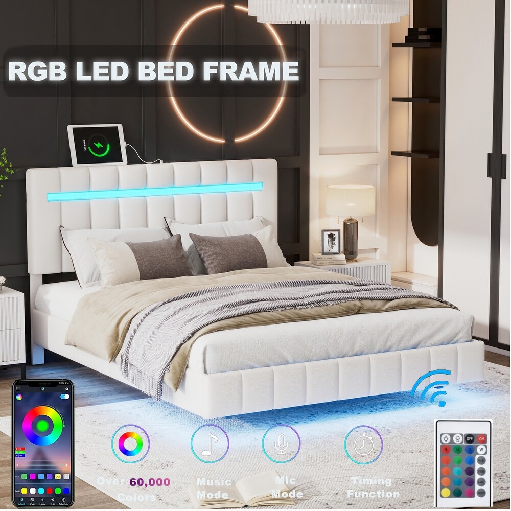 Floating Bed Frame w/ LED Lights Headboard Unique PU Upholstered Platform LED Bed Frame w/ USB Power Strips No Box Spring Needed