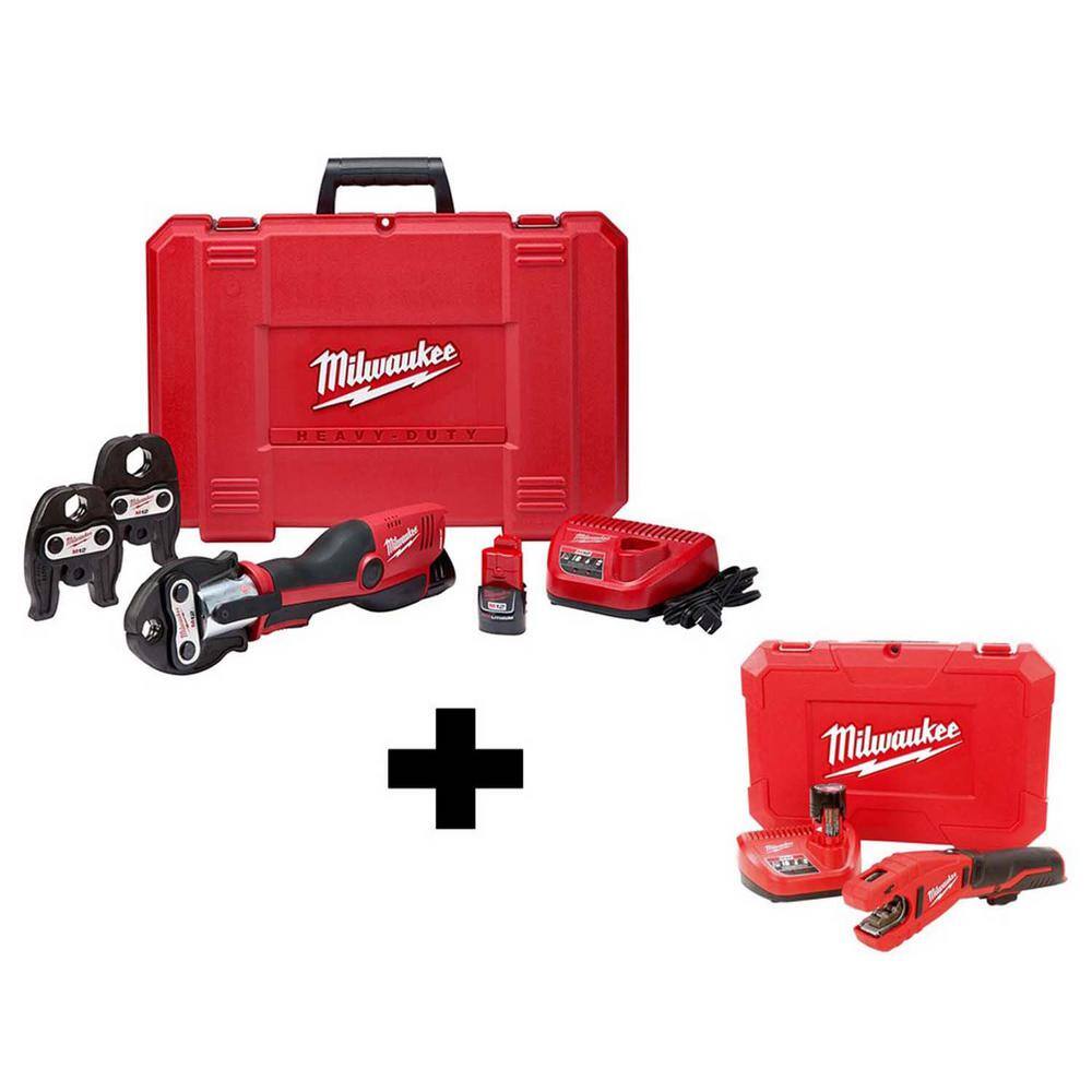 MW M12 12-Volt Lithium-Ion Force Logic Cordless Press Tool Kit (3 Jaws Included) with Free M12 Copper Tubing Cutter Kit 2473-22-2471-21