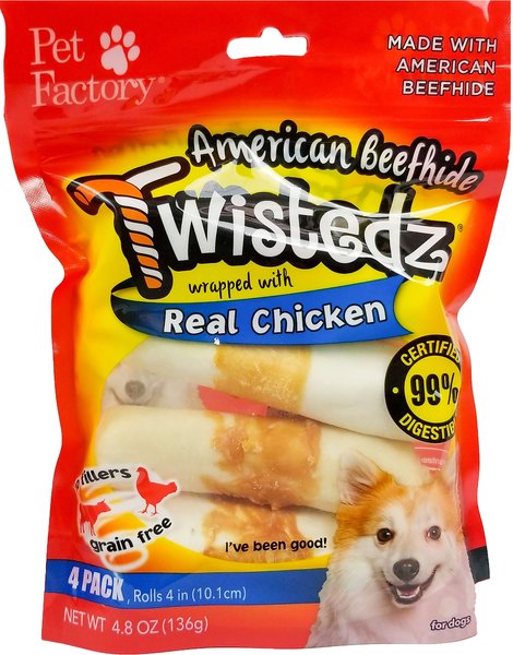 Pet Factory Twistedz 4-inch Beefhide Rolls Chicken Flavored Wrap Dog Hard Chews， 4 count