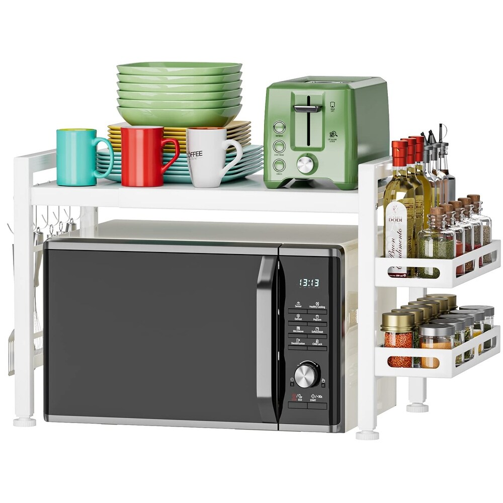 Over the Microwave Shelf   Adjustable Countertop Microwave Stand 2 Tier Microwave Rack with Spice Organizer and 6 Hooks