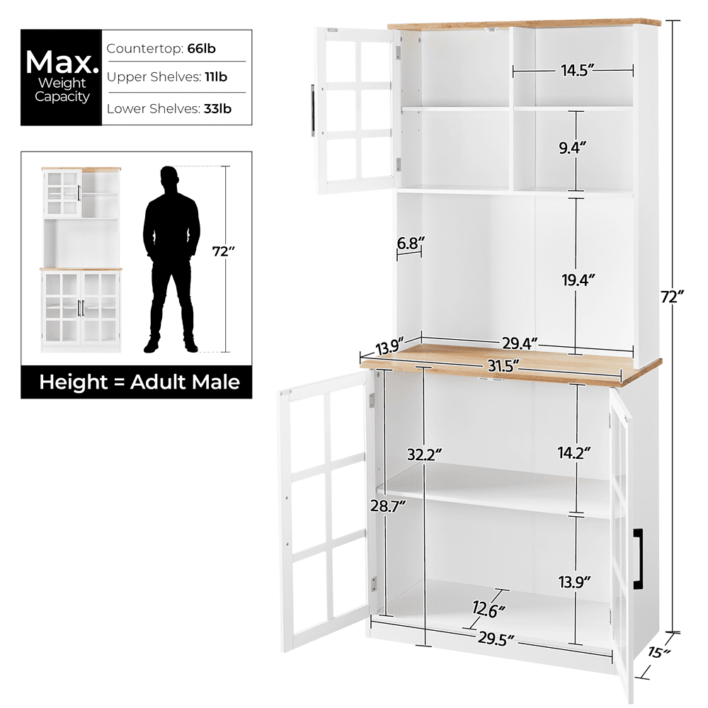 Topeakmart Kitchen Pantry with 3 Cabinets and 2 Open Shelves， White