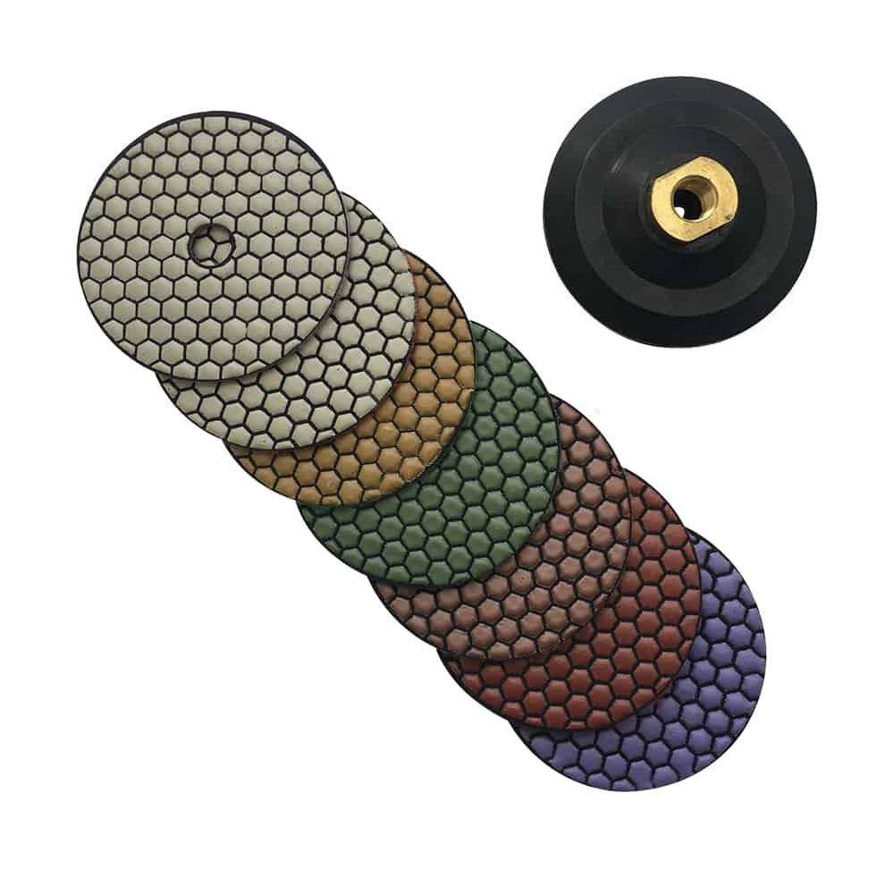 EDiamondTools 4 in. Dry Diamond Polishing Pad Set for Stone and Concrete (#50 to #3000 Grit) with Rubber Backing Pad RDP4512481530R