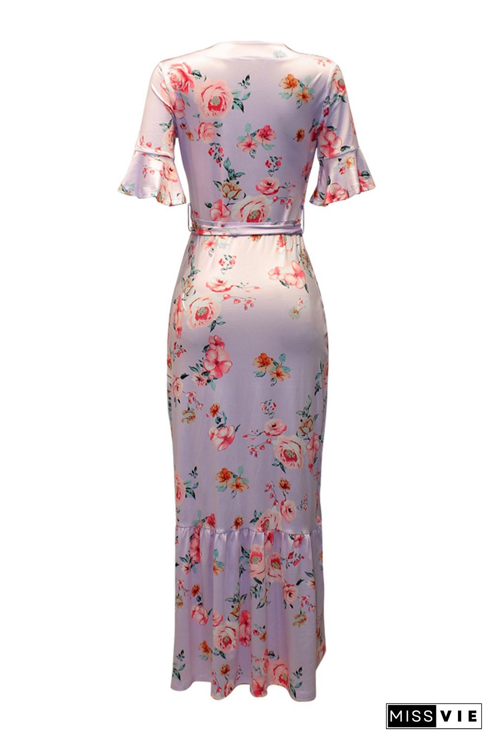 Wrap V Neck Waist Belt Ruffle Floral Maxi Dress Wholesale