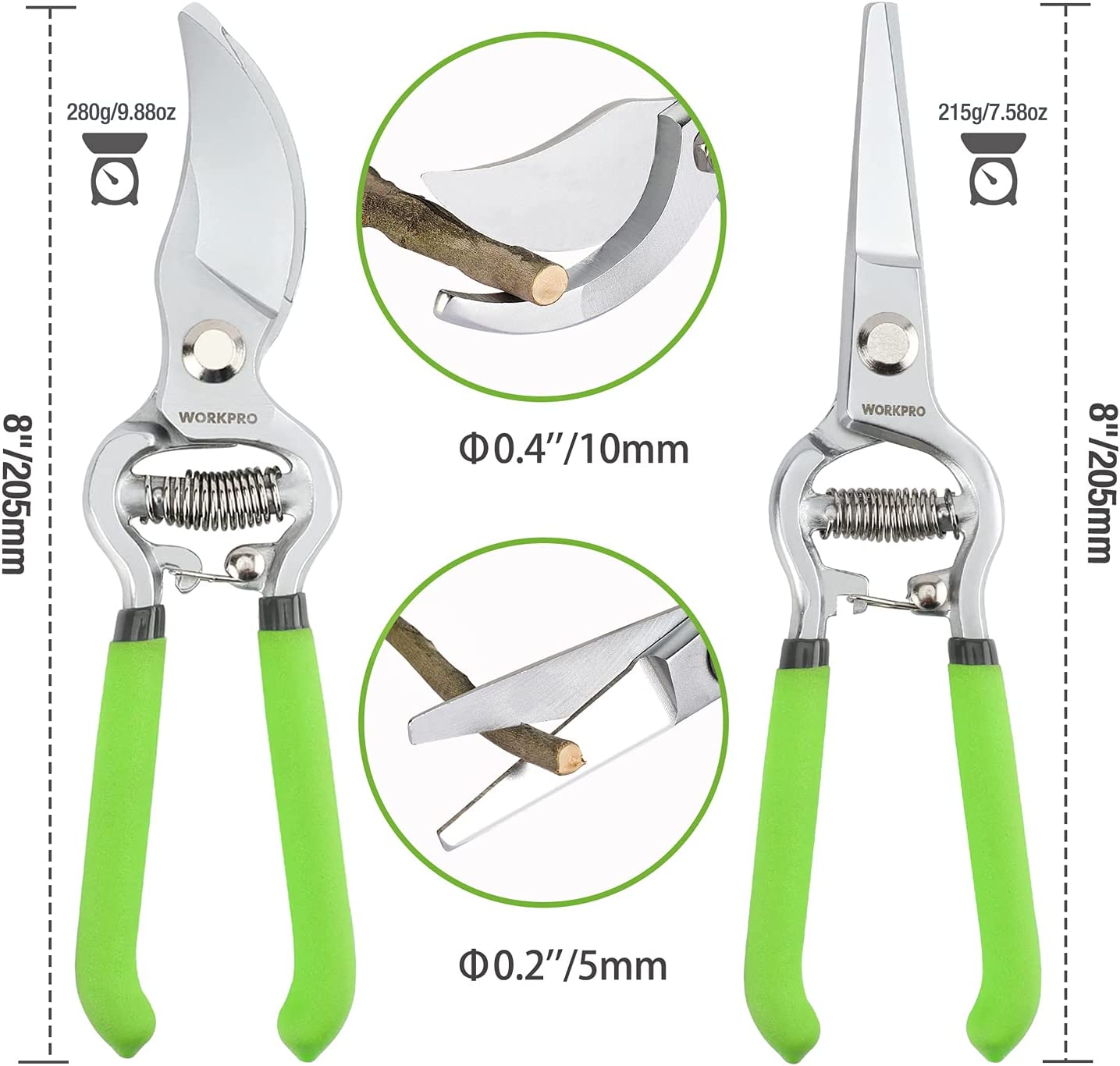 WORKPRO 2-Piece Pruning Shears Set, 8” Bypass Garden Pruner and 8” Straight Blade Hand Pruning Clippers, Nickel Plating Forged Steel