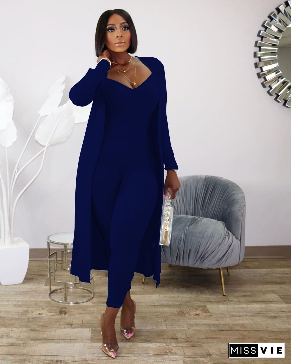 Women's Long Rib Coat+Slim Jumpsuit Two-piece Set