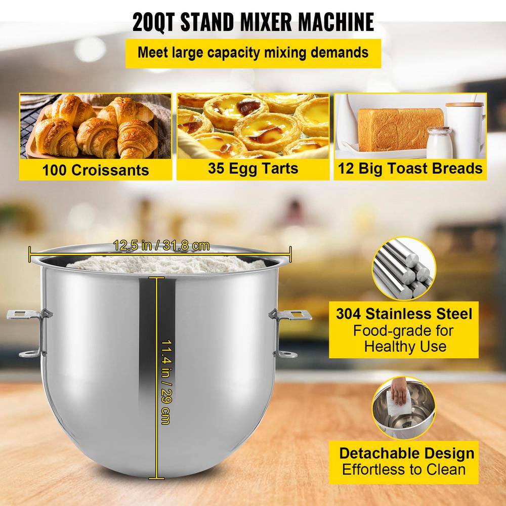 VEVOR Commercial Stand Mixer 20 qt. 2 in 1 Multifunctional Silver Electric Food Mixer with Stainless Steel Bowl 1100 W DGNJBJMCB20BJTVZLV1