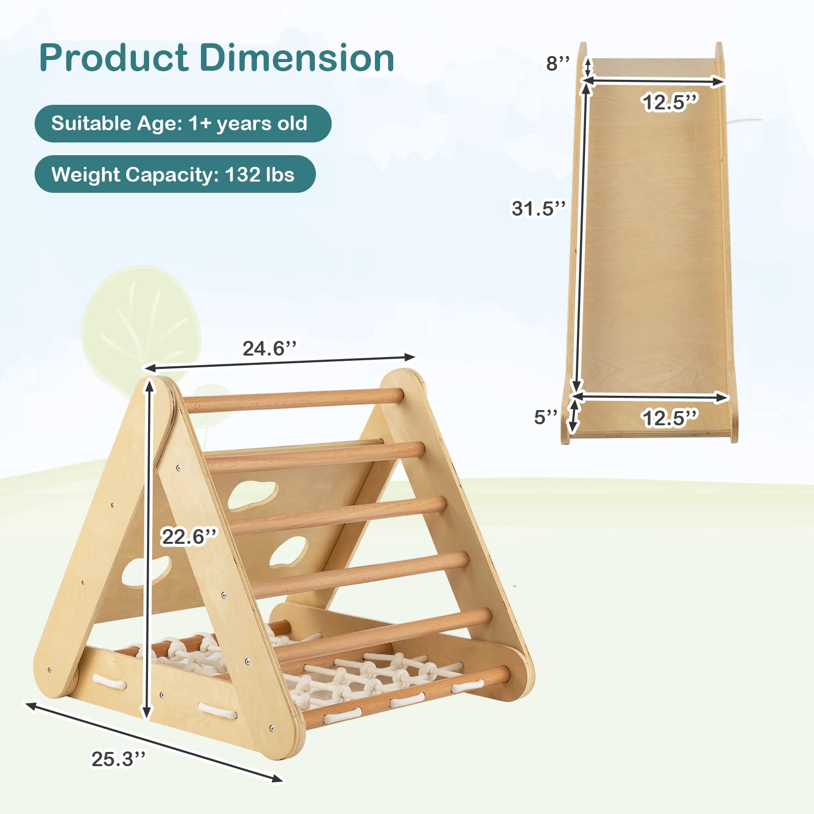 Costzon 4 in 1 Climbing Toy for Toddlers, 3-Sided Montessori Wooden Triangle Climber with Sliding Ramp, Climbing Net & Board