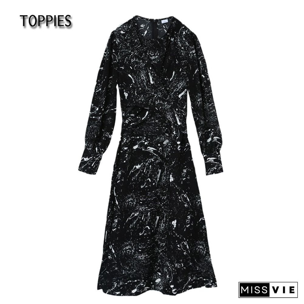 Toppies Long Dress For Women O Neck Long Sleeve Fashion Print Chic Belt Zipper Loose Midi Dress Vestidos