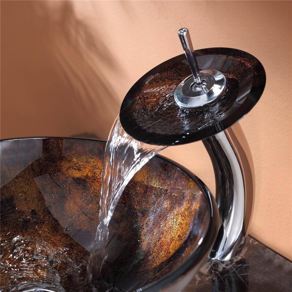 KRAUS Pluto Glass Vessel Sink in Brown with Waterfall Faucet in Chrome C-GV-684-12mm-10CH