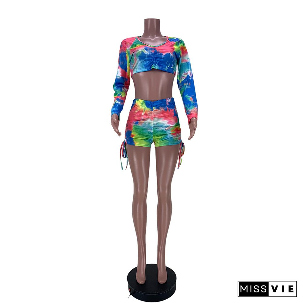 Tie Dye Print Crop Tops With Shorts Two Piece Set