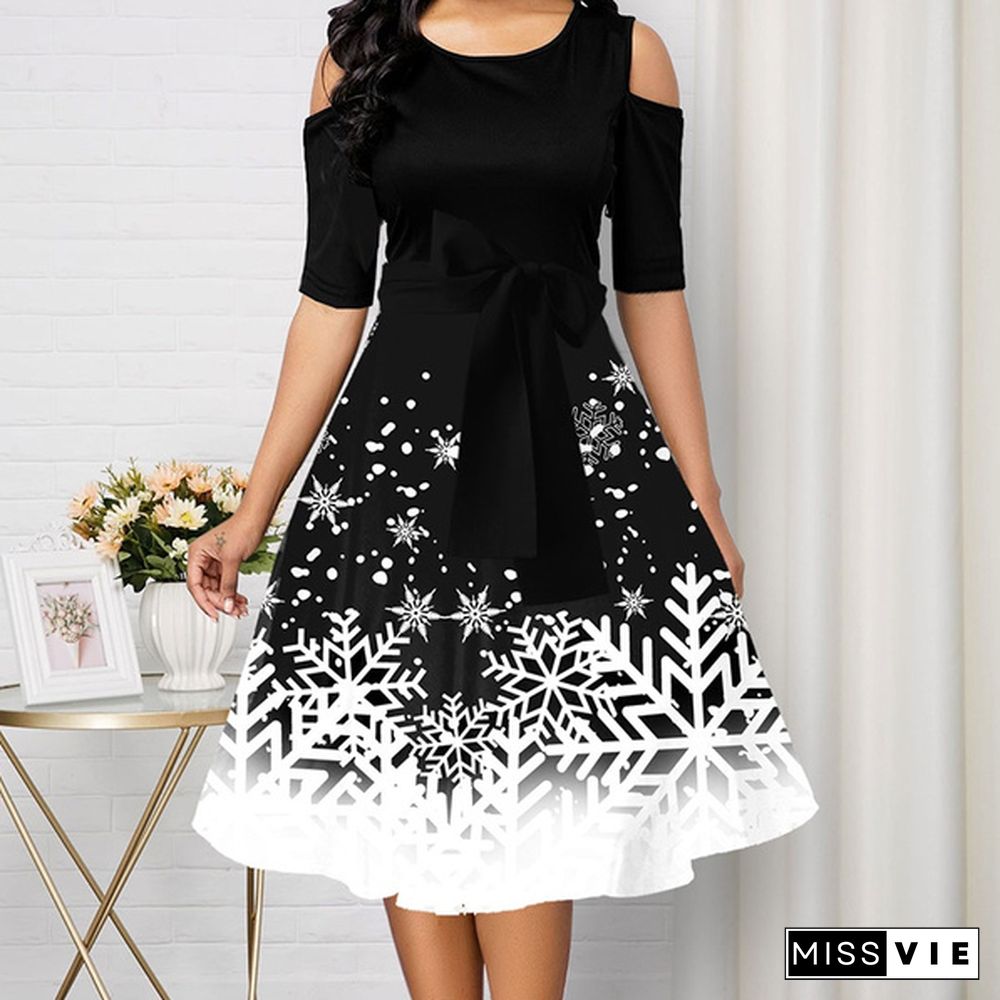 New Arrive Women Belted Snowflake Print Cold Shoulder Round Neck Dress Plus Size Fashion Christmas Party Dress