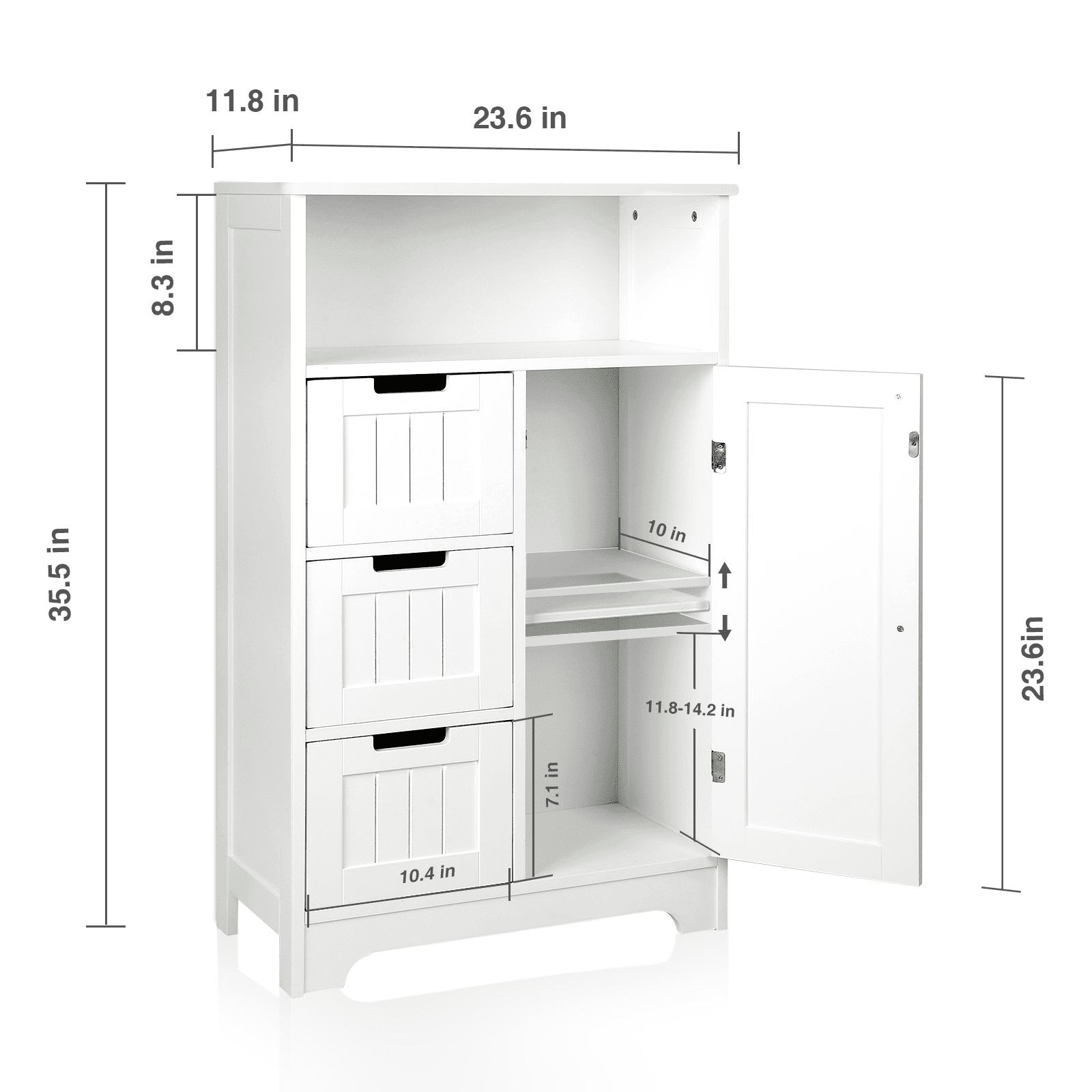 TUSY Bathroom Floor Cabinet Wooden Storage Organizer Cabinet 3 Drawers &1 Cupboard for Kitchen Living Room White