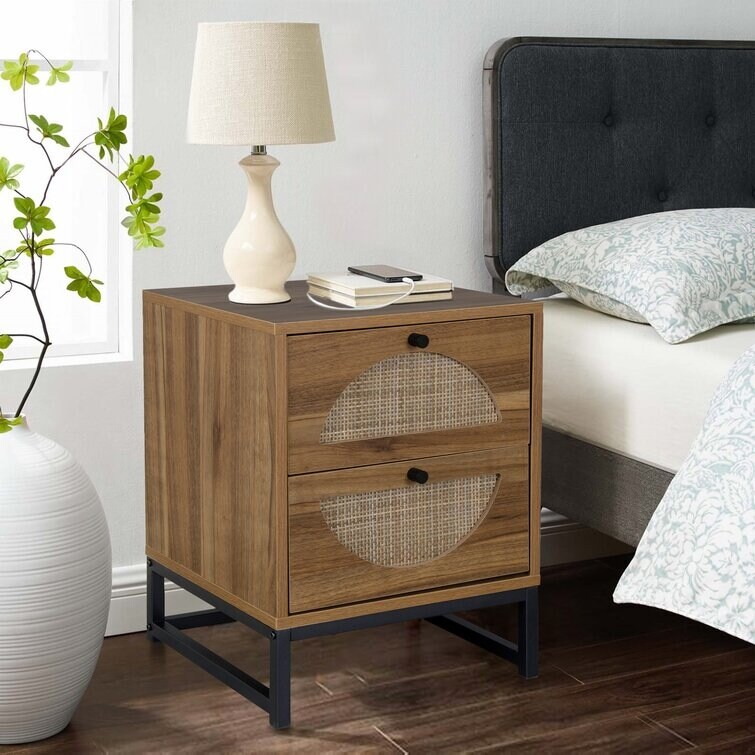 Modern Minimalism Nightstand  Bohemian Wood Bedside Table with Woven Rattan Drawers  Sofa Side Table  Rustic Farmhouse End Table