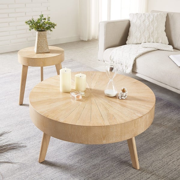 Round Wood Coffee Table， Farmhouse Round Coffee Table for Living Room， Solid Wood Circle Center Table - as picture