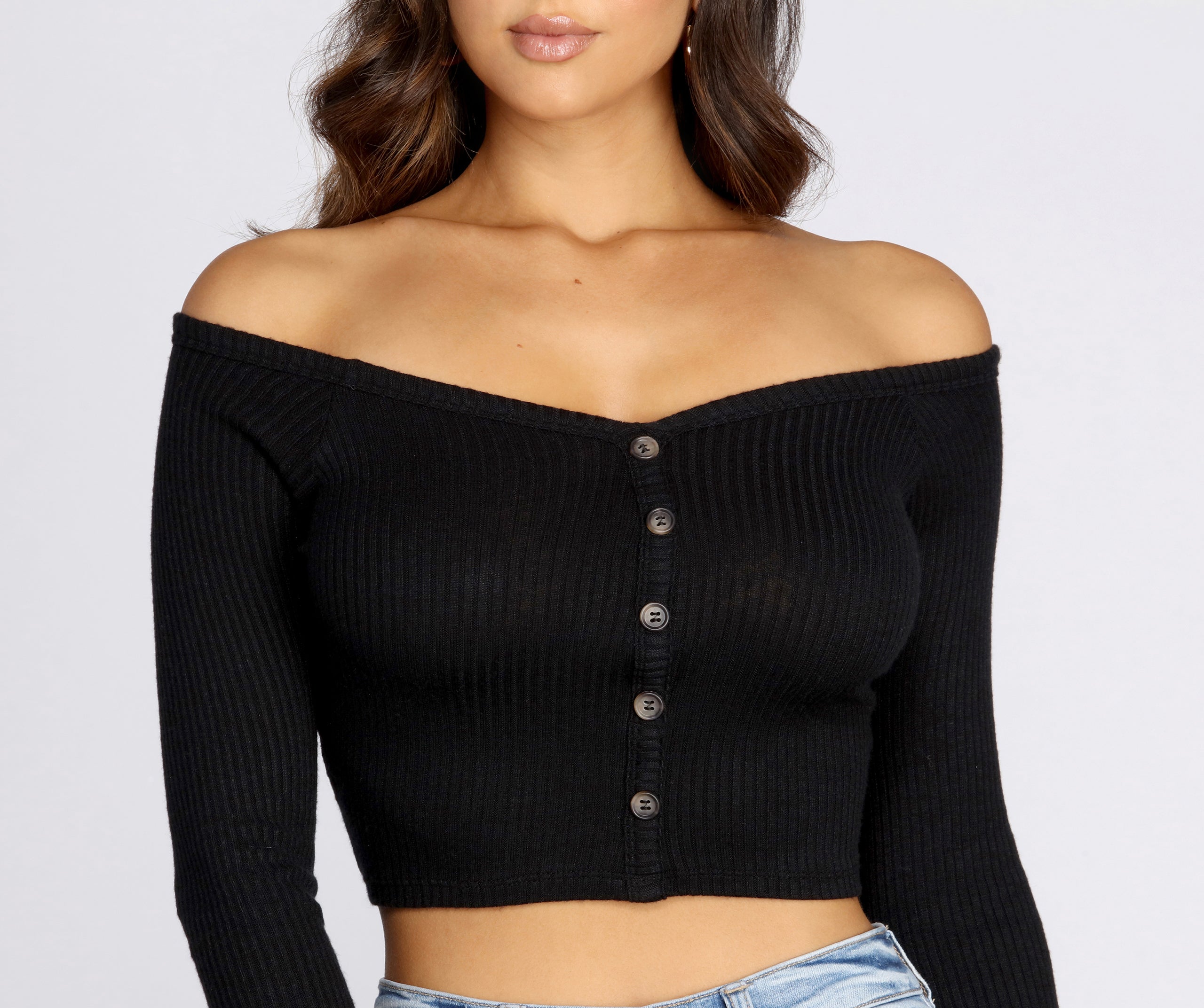 Button Detail Ribbed Knit Crop Top