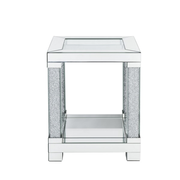 End Table with Faux Gemstone Accents and Mirrored Open Bottom Shelf， Silver