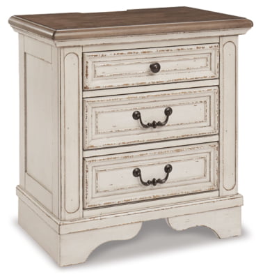 Signature Design by Ashley Realyn French Country 3 Drawer Nightstand with Electrical Outlets & USB Ports, Chipped White