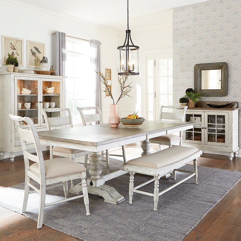 Whitney Antique Linen   Weathered Gray 6 Piece Trestle Table Set