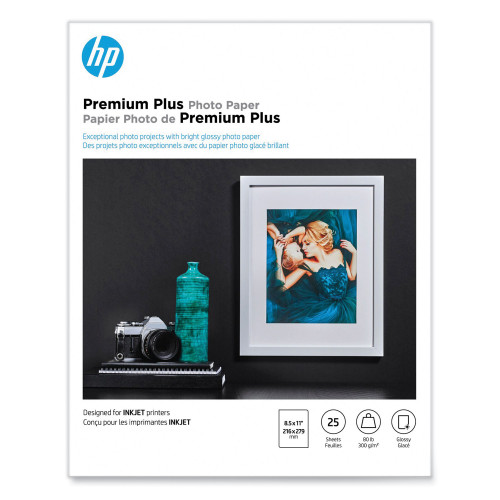 HP Premium Plus Photo Paper， 11.5 mil， 8.5 x 11， Glossy White， 25/Pack (CR670A)