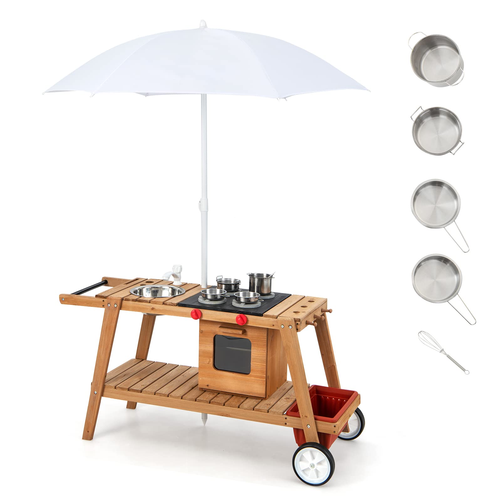 Costzon Kids Kitchen Playset, Indoor & Outdoor Wooden Pretend Cooking Cart with Stove, Sink, Kitchenware, Storage, Removable Umbrella