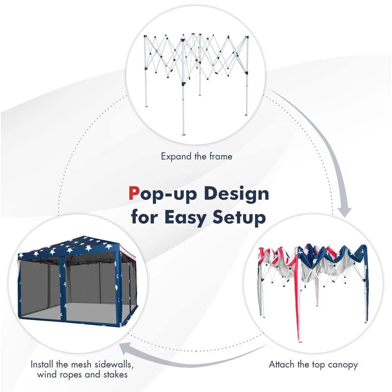 10 x 10 FT Pop Up Canopy Tent with Carry Bag & Netting, American Flag Printing Outdoor Gazebo