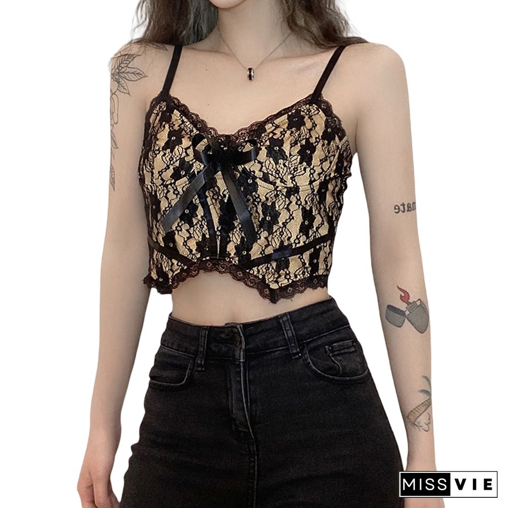 Womens Sexy Floral Lace Camisole Sleeveless Spaghetti Strap V Neck Crop Cami Tops With Bow