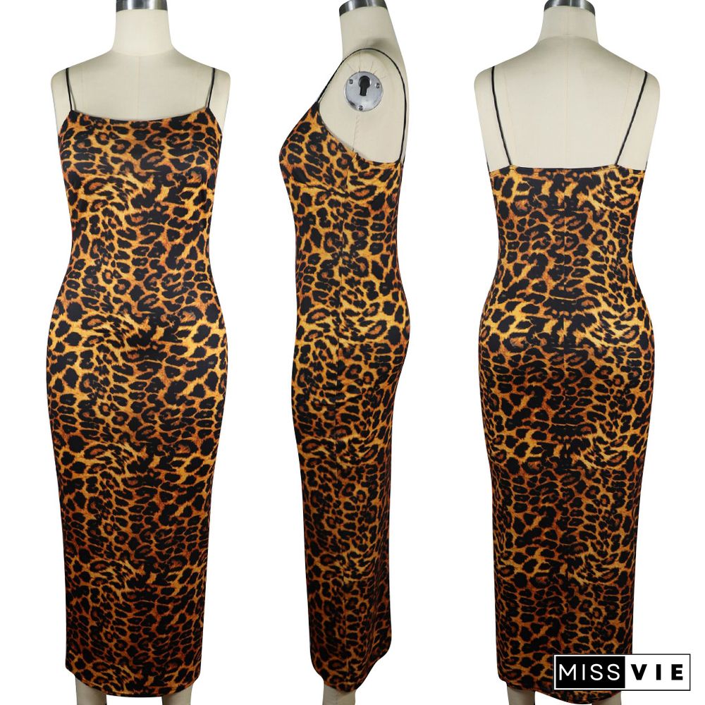 Stylish Leopard Printed Straps Skinny Maxi Dress