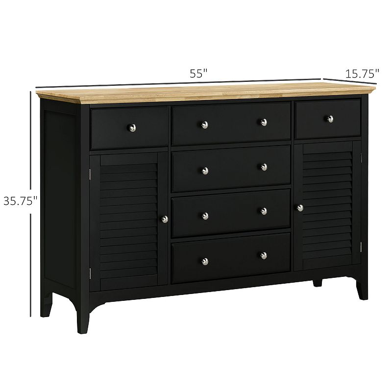 HOMCOM Modern Sideboard with Drawers， Buffet Cabinet with Storage Cabinets， Rubberwood Top and Adjustable Shelves for Living Room， Kitchen， Black