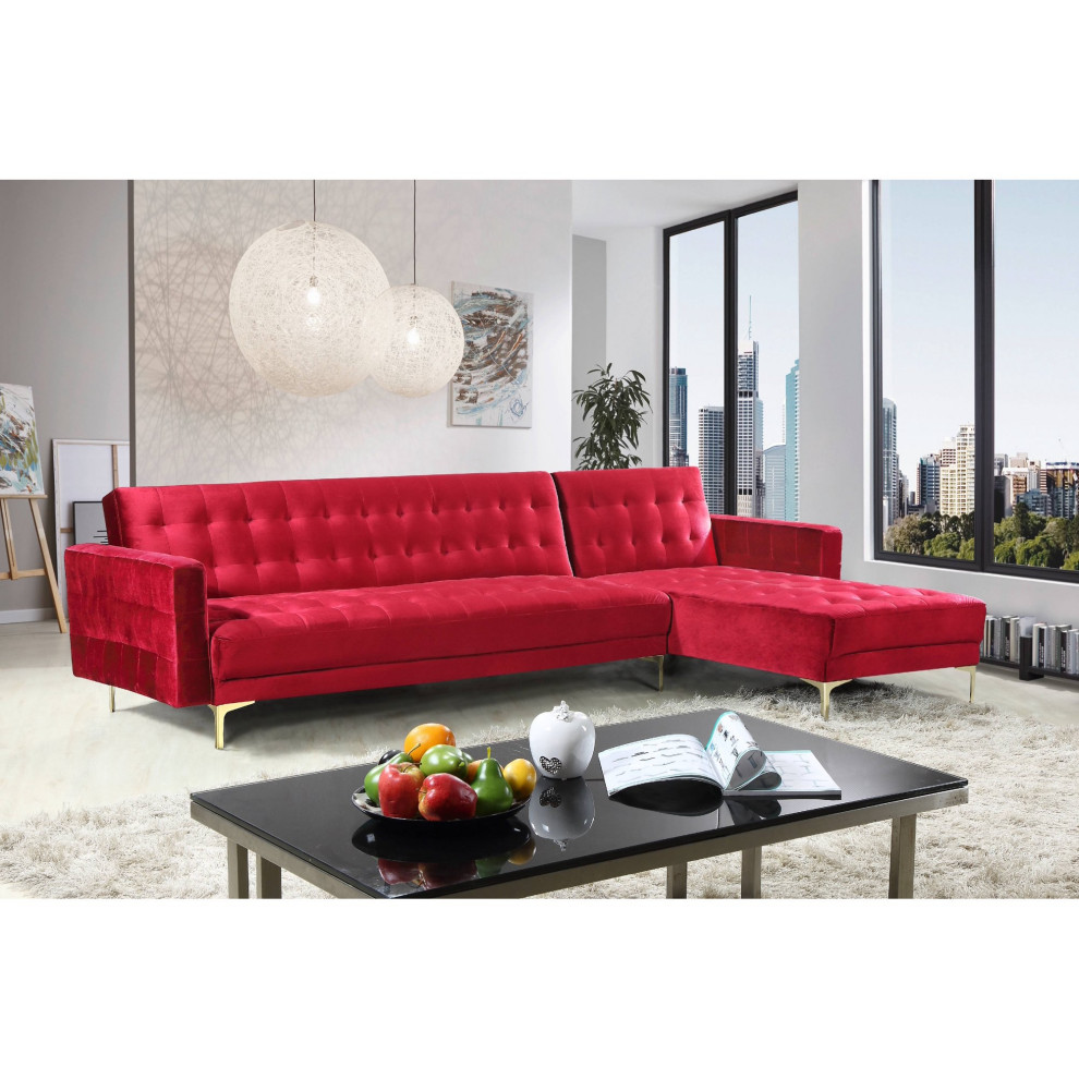 Right Facing Sectional Sleeper Sofa  Golden Legs With Tufted Velvet Seat   Midcentury   Sleeper Sofas   by Decorn  Houzz