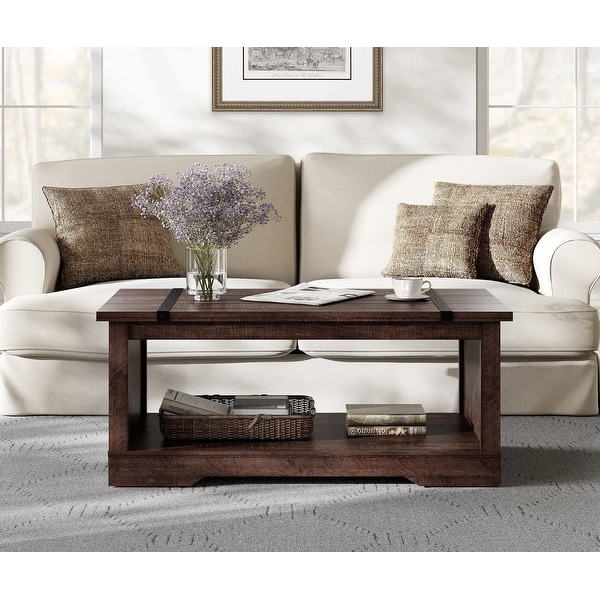 Modern Farmhouse Coffee Table， Rectangle Wood Center Table with Open Storage for Living Room， Spliced Wood Desktop