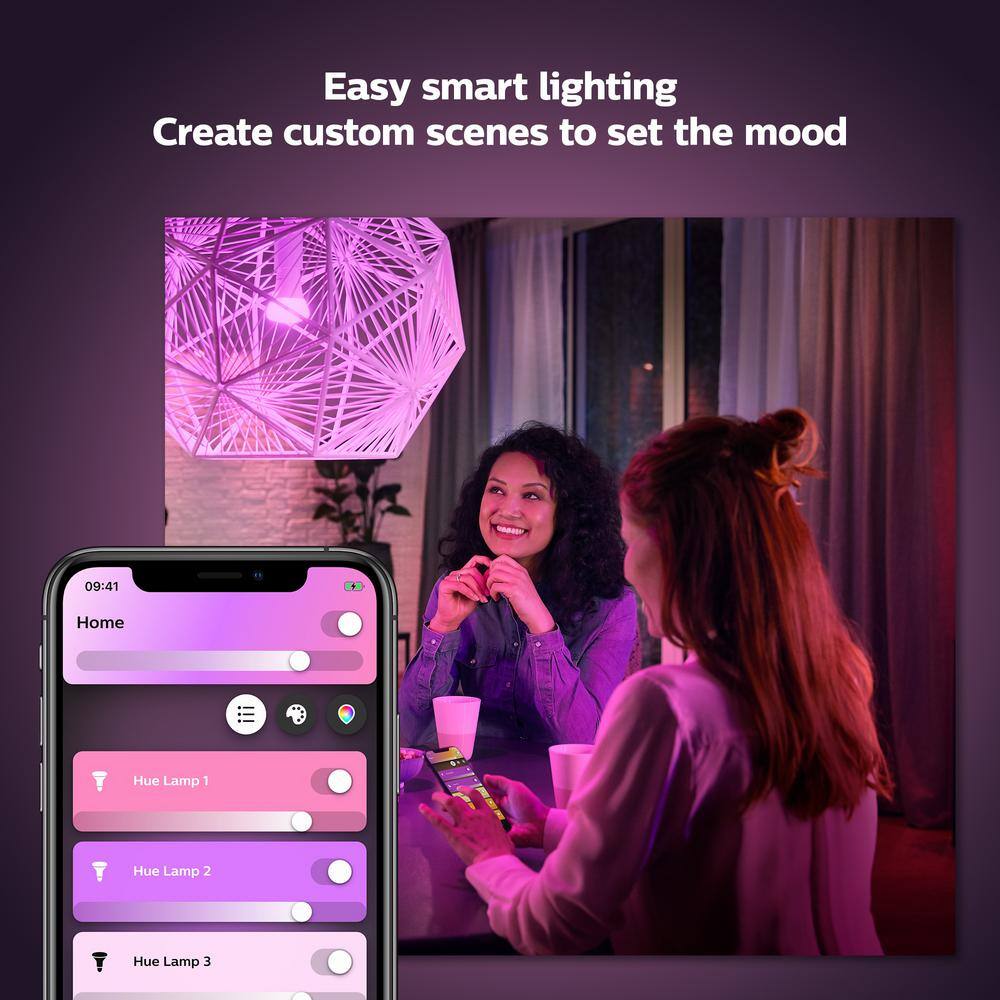 Philips Hue White and Color Ambiance A19 LED 60W Equivalent Dimmable Smart Wireless Lighting Starter Kit (4 Bulbs and Bridge) 548545