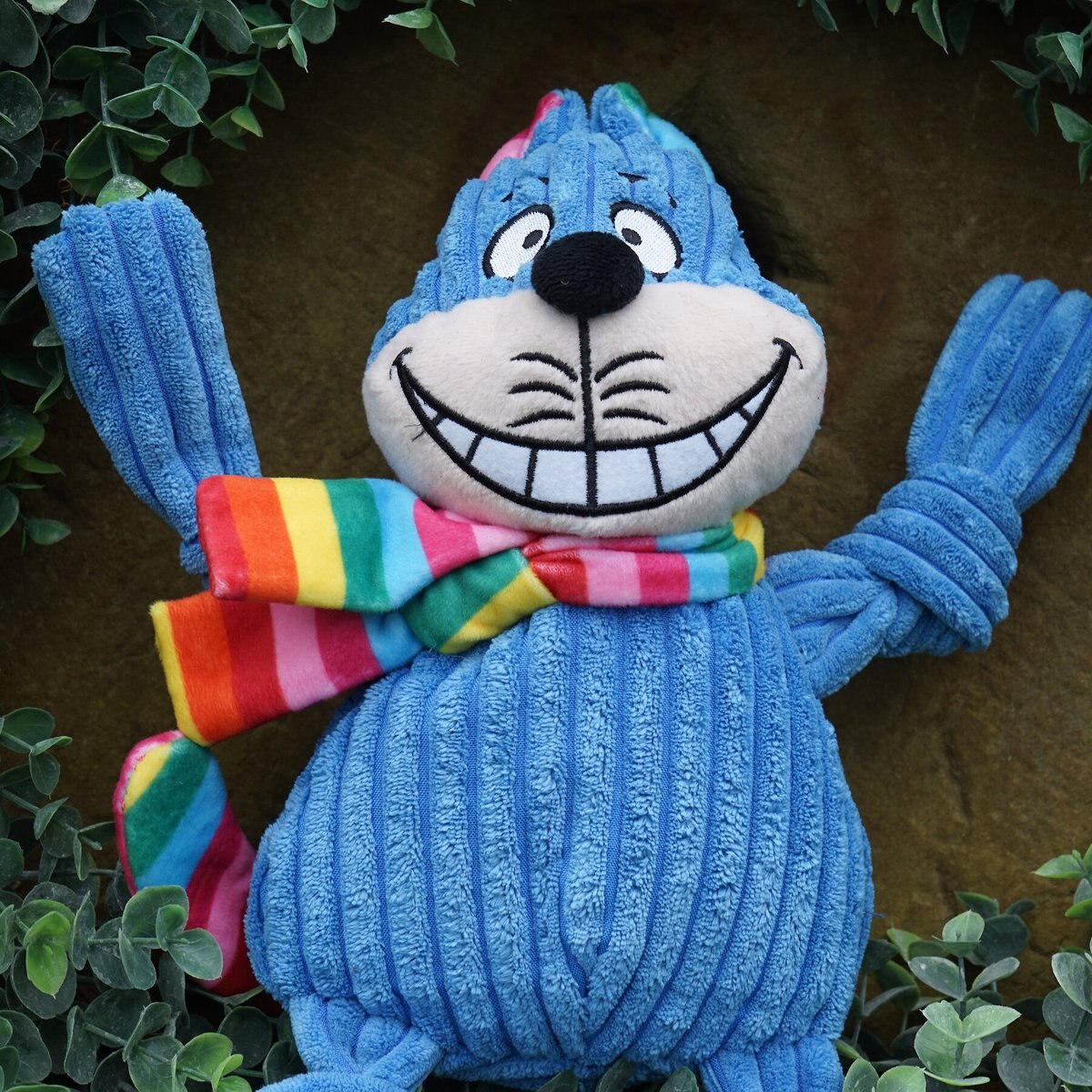 HuggleHounds Rainbow Durable Plush Corduroy Knotties Chesire Cat Squeaky Dog Toy