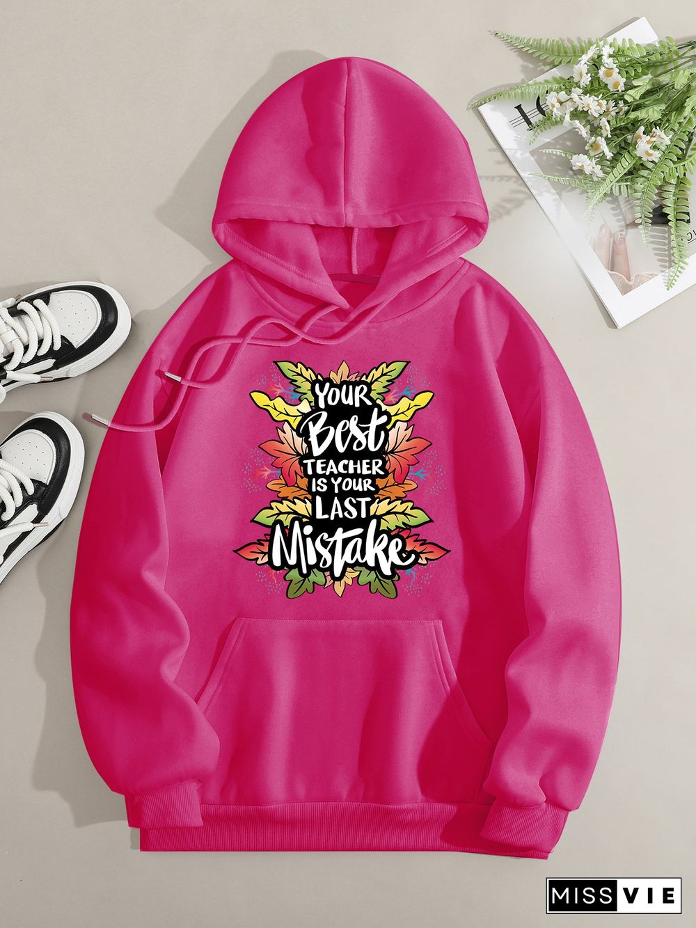 Printed on front Kangaroo Pocket Hoodie Long Sleeve for Women Pattern your best teacher is your last mistake