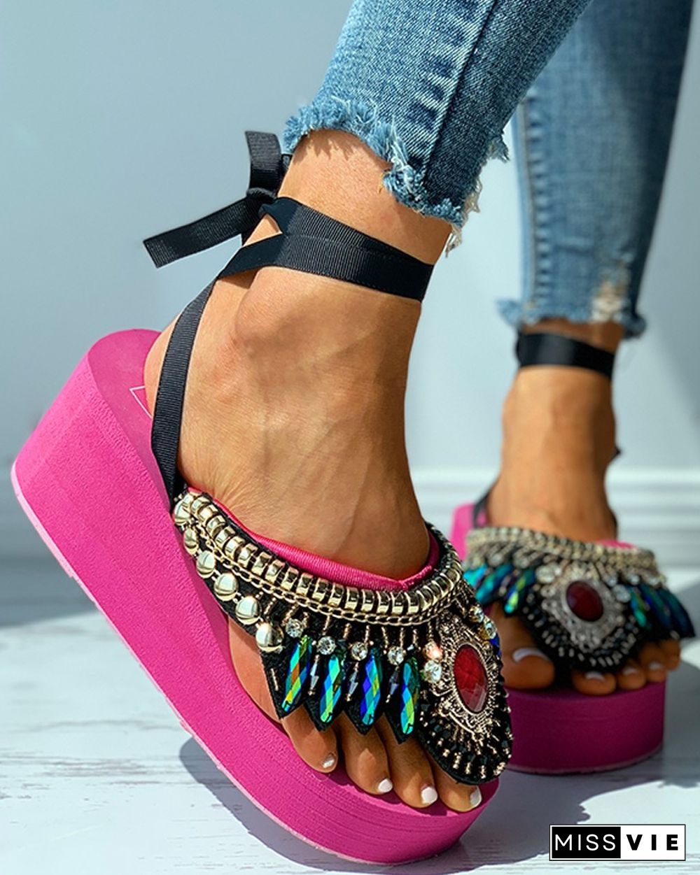 Studded Rhinestone Toe Post Wedge Sandals