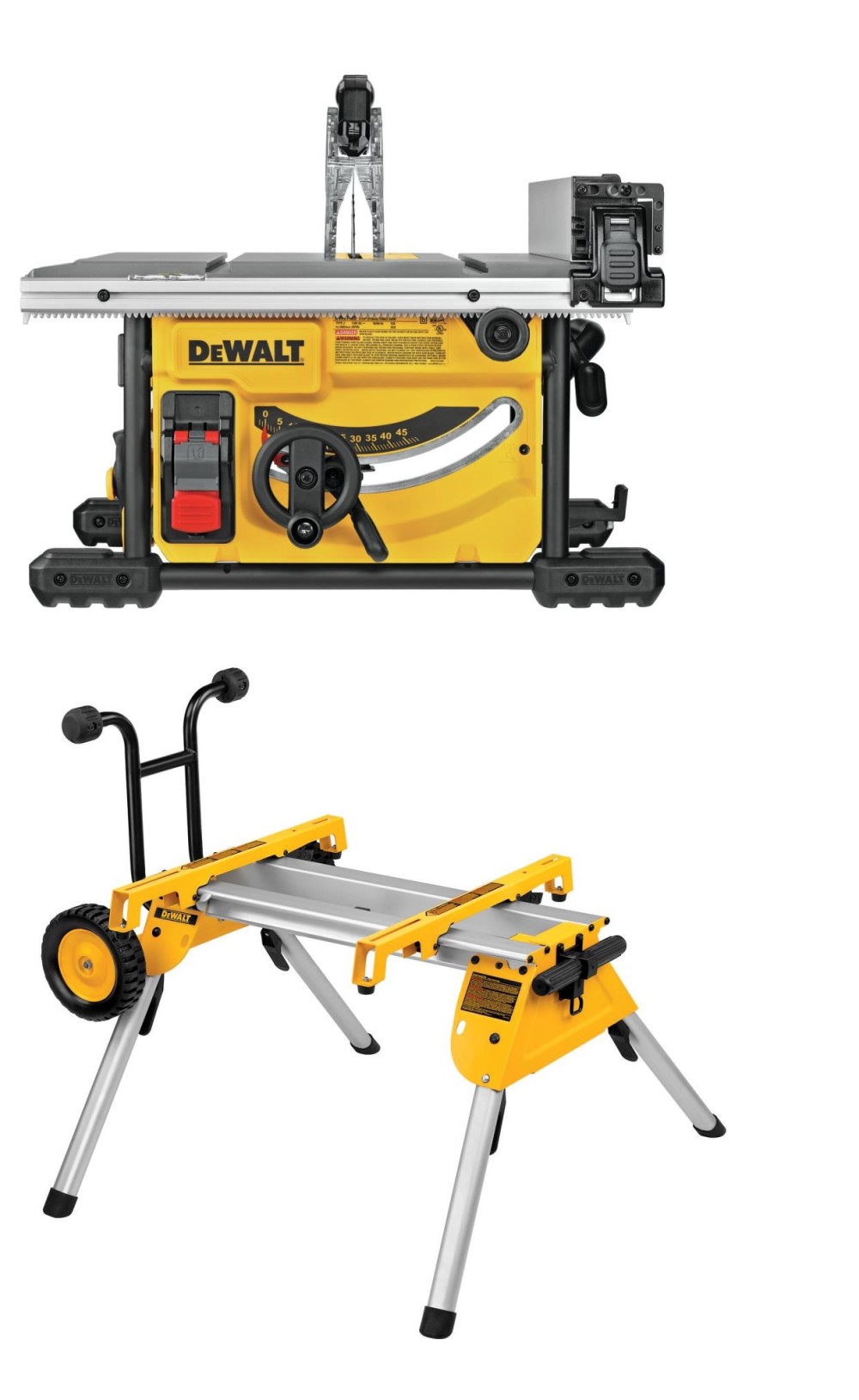 DEWALT 8 1/4 Compact Jobsite Table Saw with Rolling Table Saw Stand Bundle