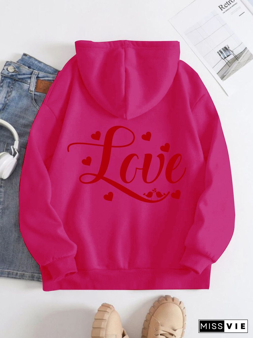 Printed on the Back Kangaroo Pocket Hoodie Long Sleeve for Women Pattern Love