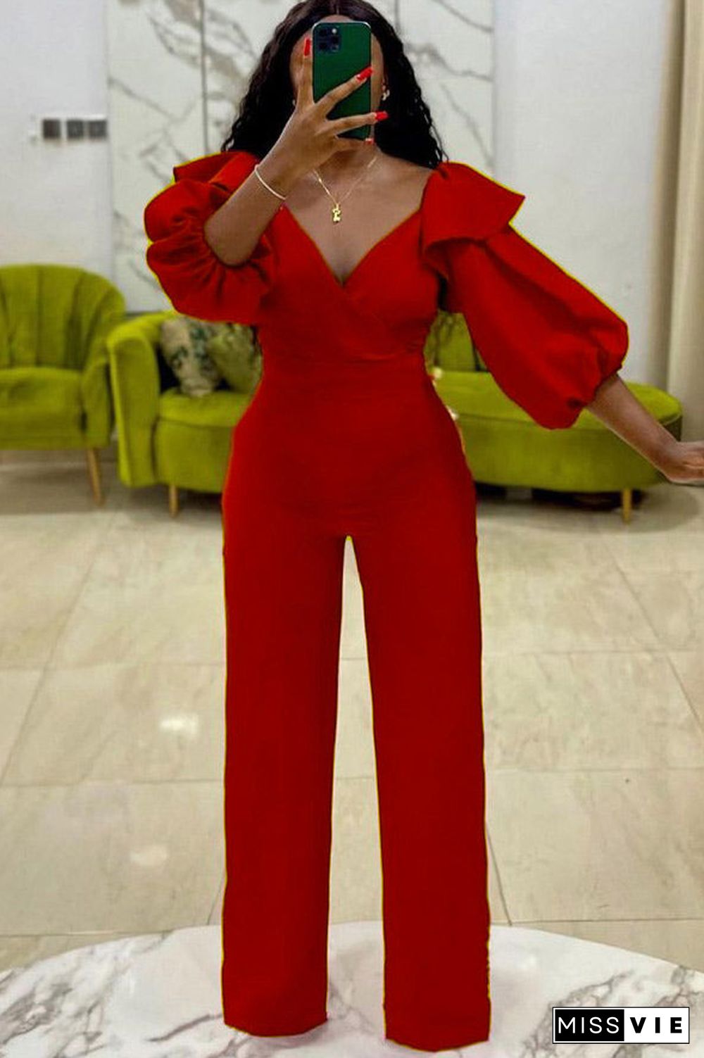 Fuchsia V-neck Long Sleeve Jumpsuit