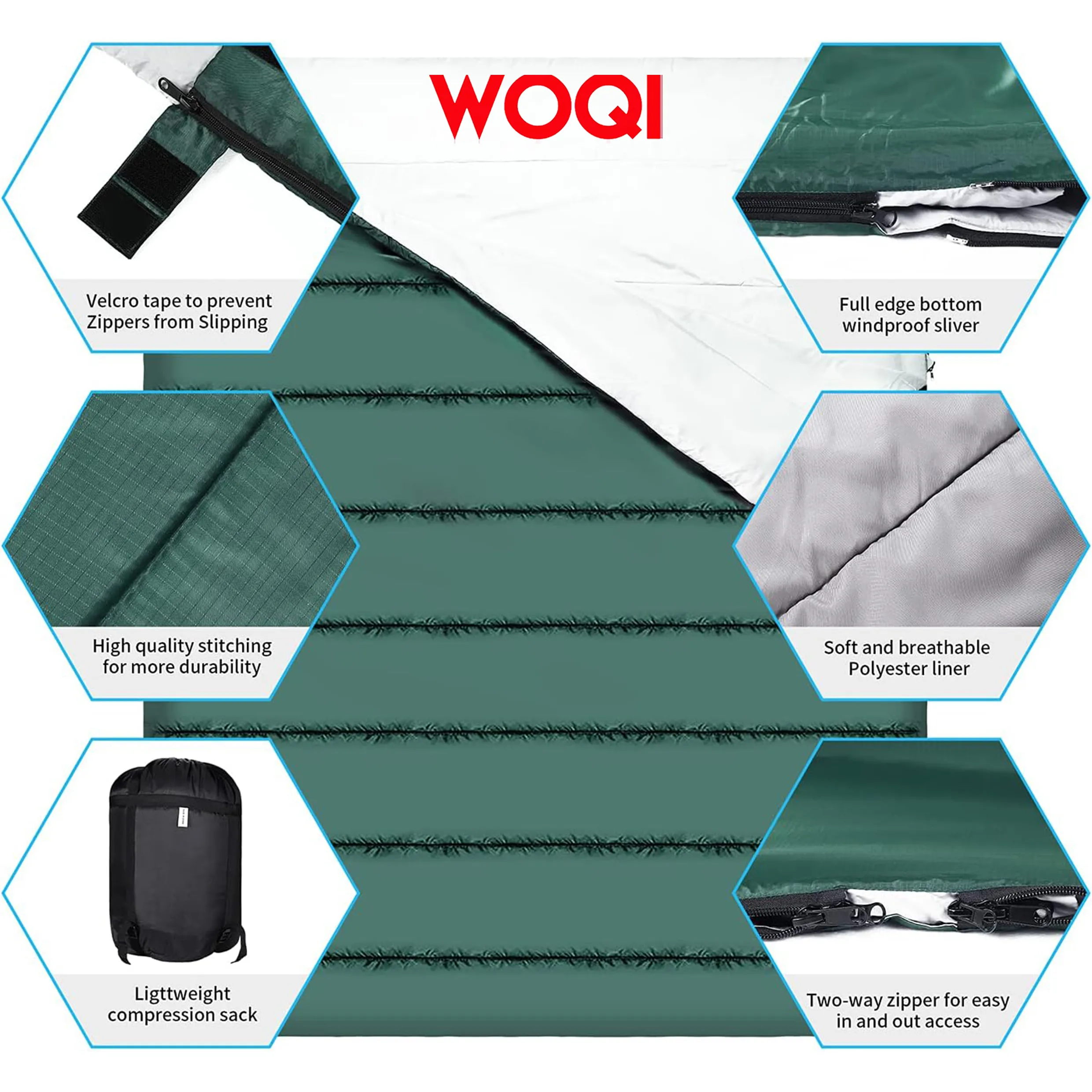 WOQI camping  backpacking or hiking double sleeping bag  lightweight waterproof double sleeping bag with 2 pillows