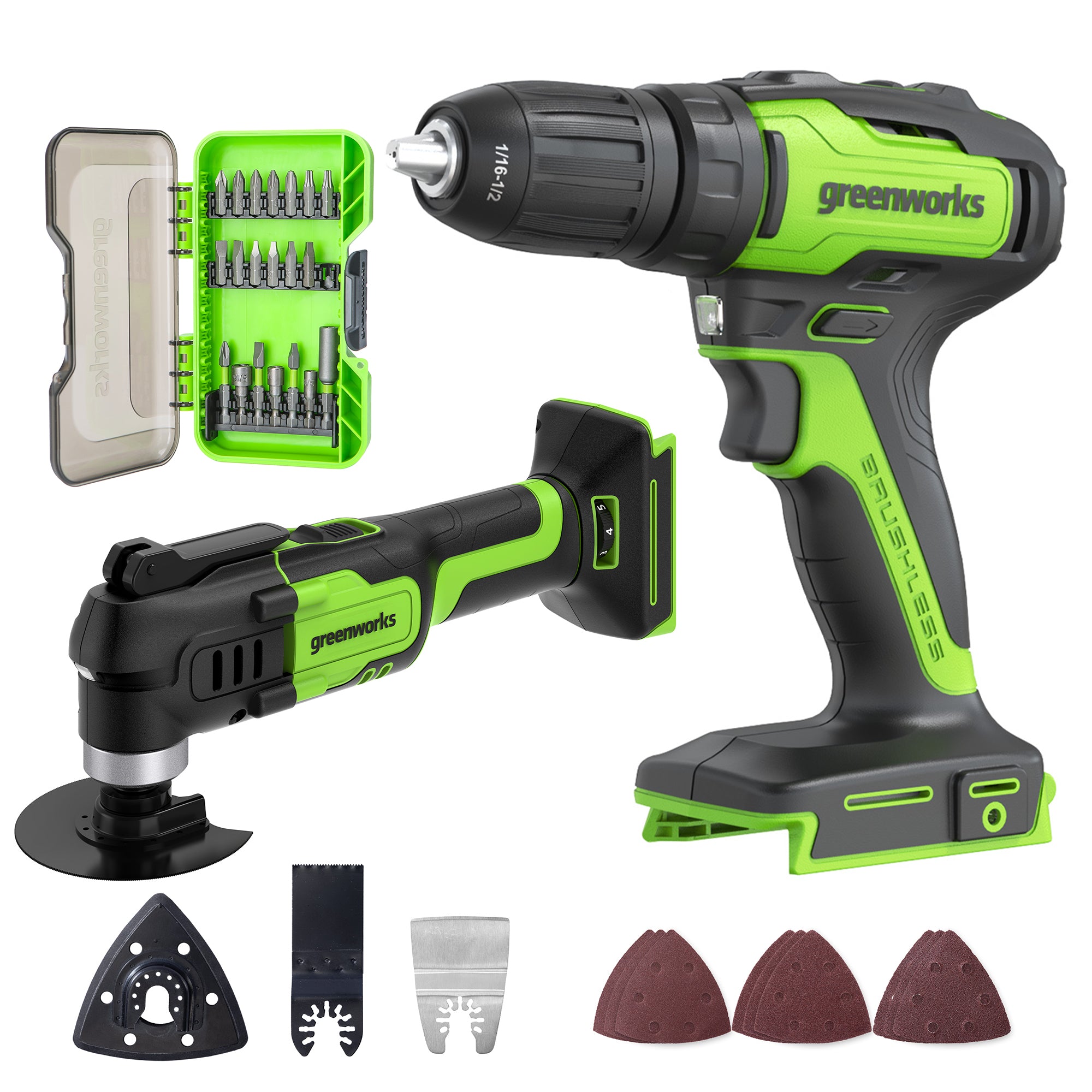 24V Drill/Driver， Multitool，  20pc Driving Set | Greenworks Tools