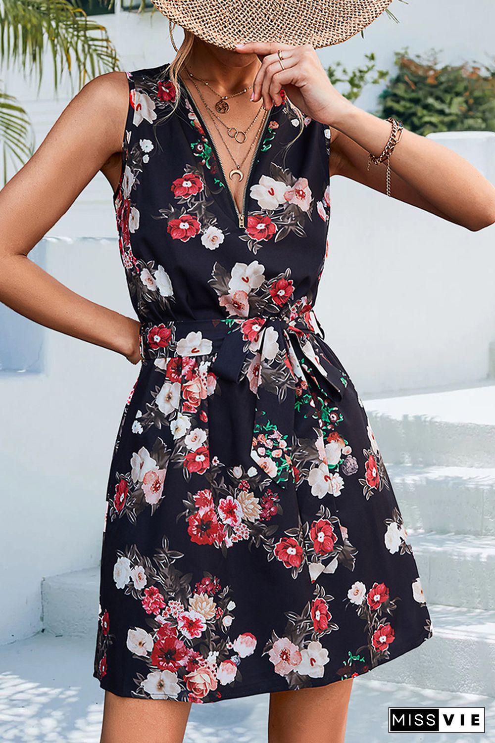 Zipper Down V Neck Sleeveless Floral Dress