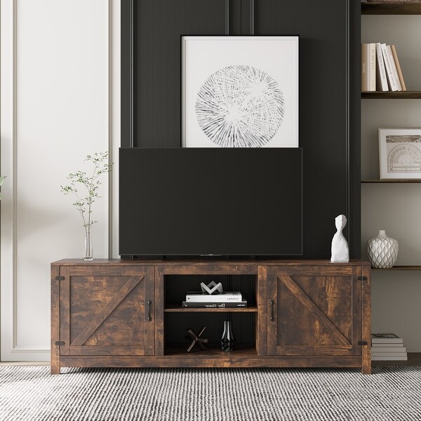 Farmhouse TV Stand， Wood Entertainment Center Media Console with Storage