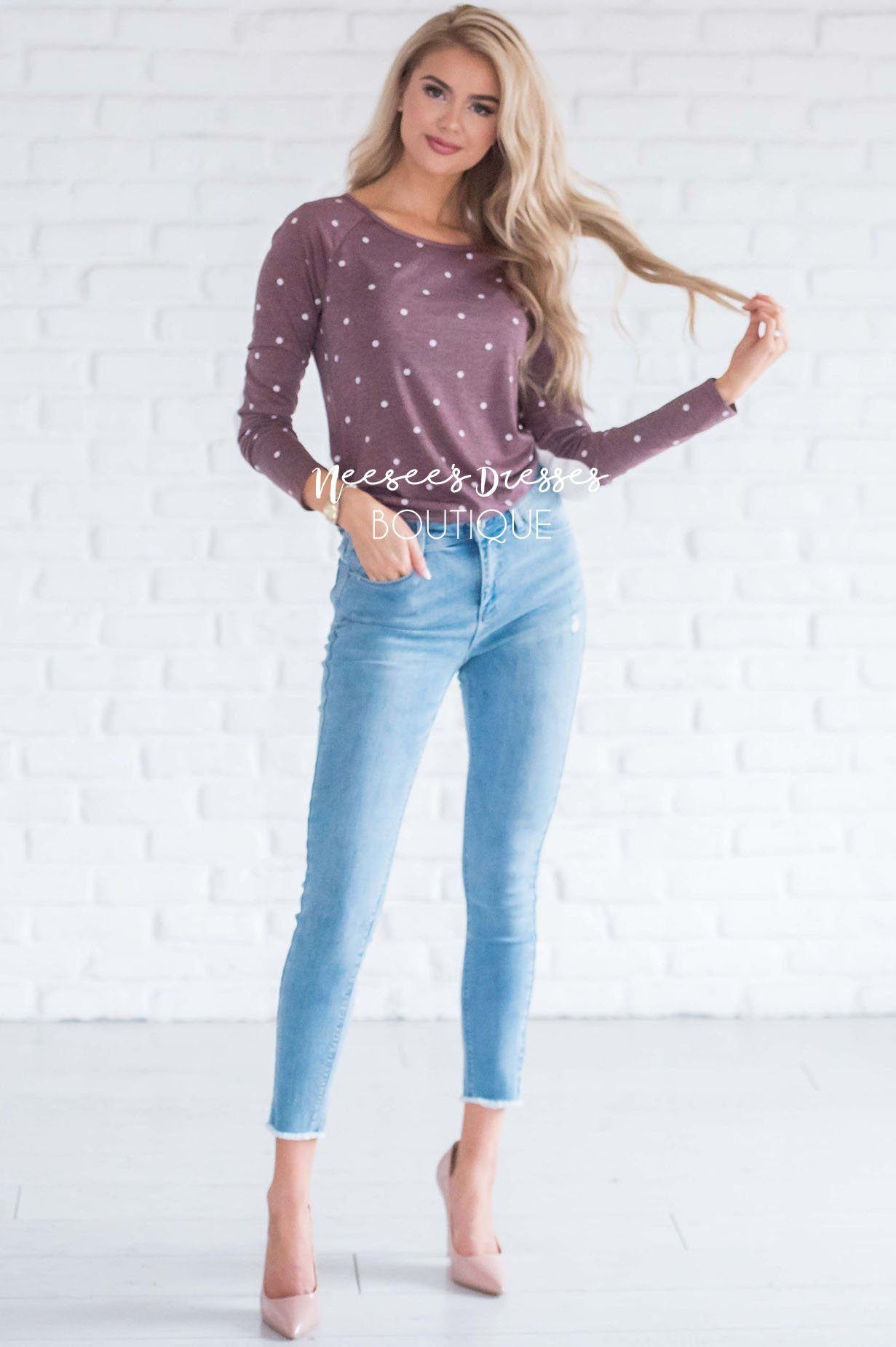 Polka Dot Elbow Patch Shirred Side Top