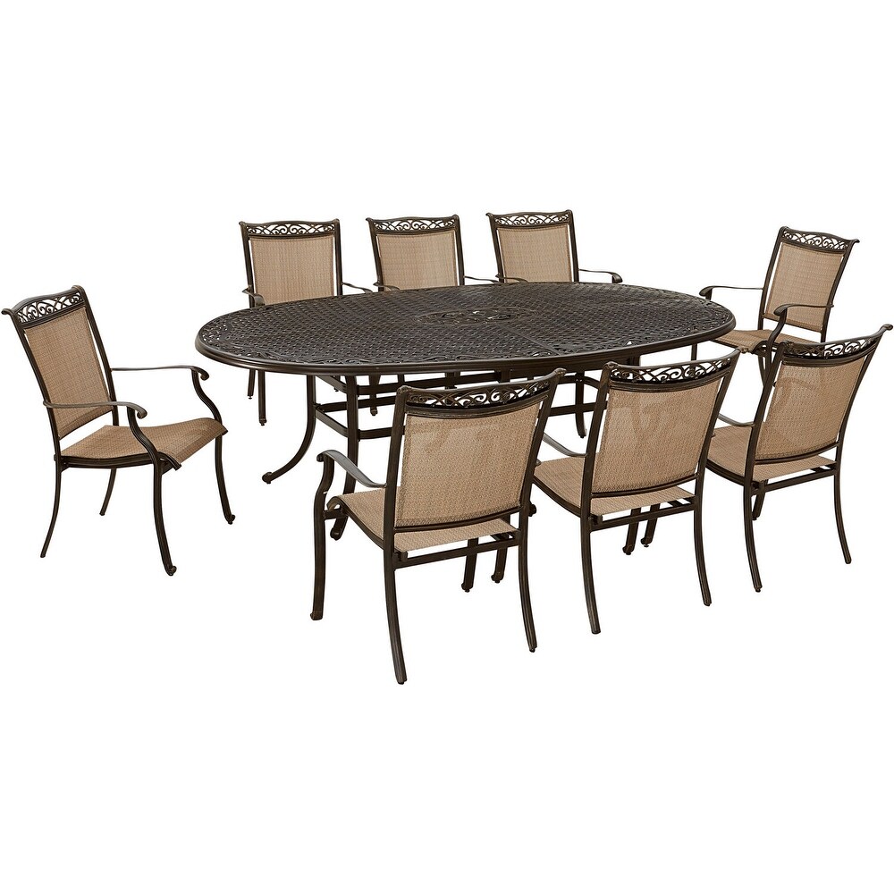 Hanover Fontana 9 Piece Outdoor Dining Set with 8 Sling Dining Chairs and 95 in. x 60 in. Oval Cast Top Dining Table