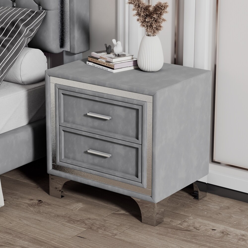 Wood Upholstered Nightstand with 2 Drawers and Metal Legs  Modern Velvet Bedside End Table for Bedroom  Easy Assembly