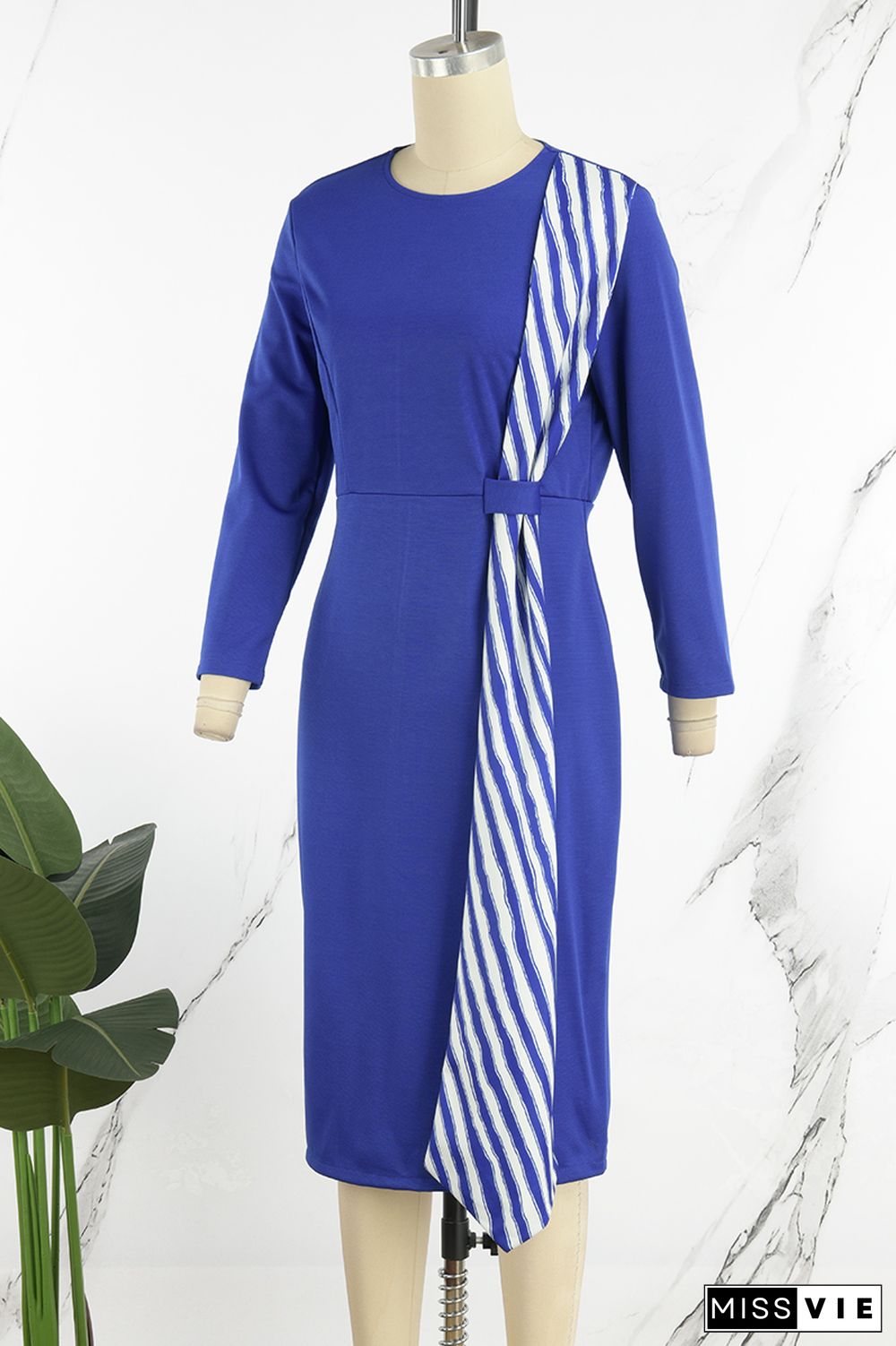 Deep Blue Casual Striped Patchwork O Neck Long Sleeve Dresses