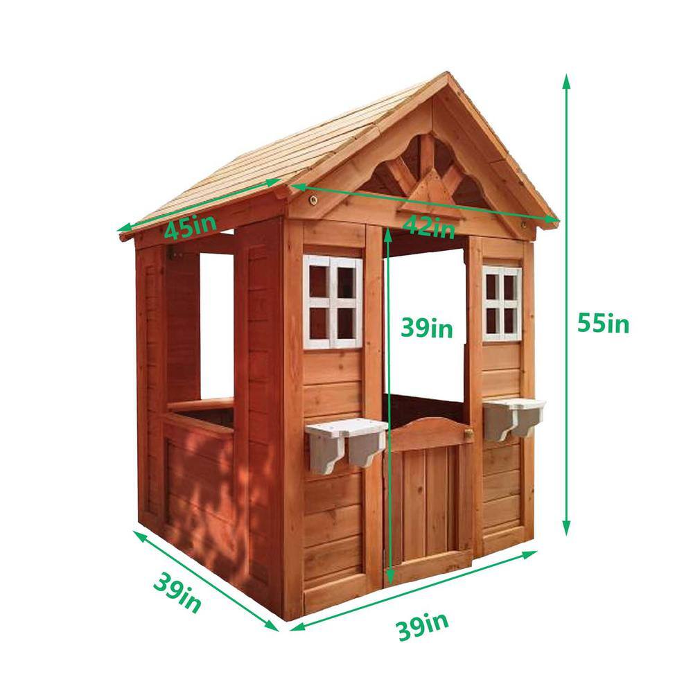 Golden Outdoor Wood Playhouse with 2-Windows and Flowerpot Holder BF1663C496