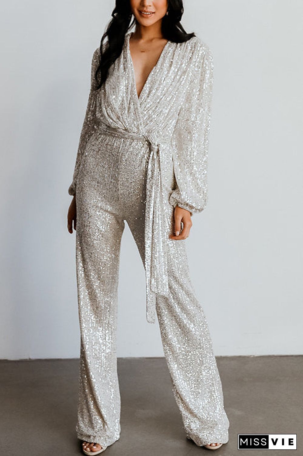 Sequin Draped Belted Puff Sleeve Wide Leg Jumpsuit